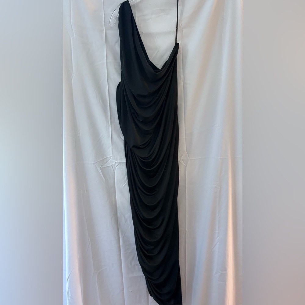 Eloquii Black Backless Draped One Shoulder Midi Body Con Dress